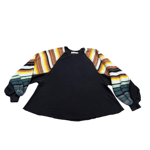 We The Free Extra Small Black Waffle Knit Sweater Striped Raglan Sleeve Y2k BOHO - Picture 1 of 14